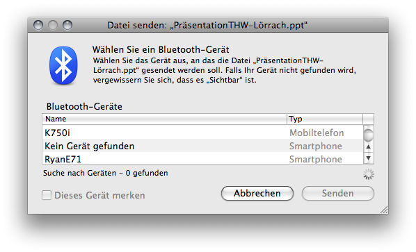 Bildschirmaufnahme des Bluetooth Datei senden Dialogs